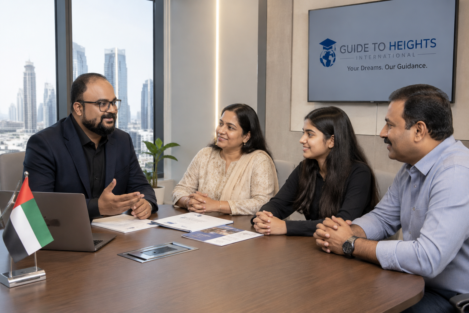 Abin Mathew Varghese personally counselling Gulf family at Guide to Heights Sharjah office