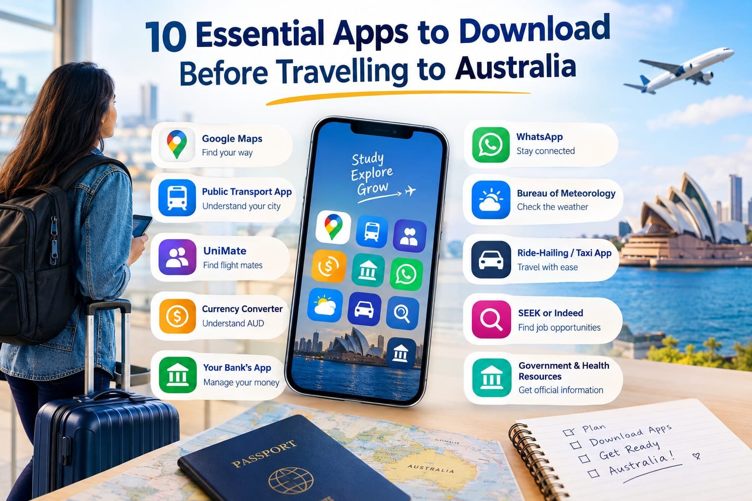 Infographic listing the 10 essential apps to download before travelling to Australia: Google Maps, public transport app, UniMate, currency converter, your bank's app, WhatsApp, Bureau of Meteorology, ride-hailing app, SEEK or Indeed, and government and health resources