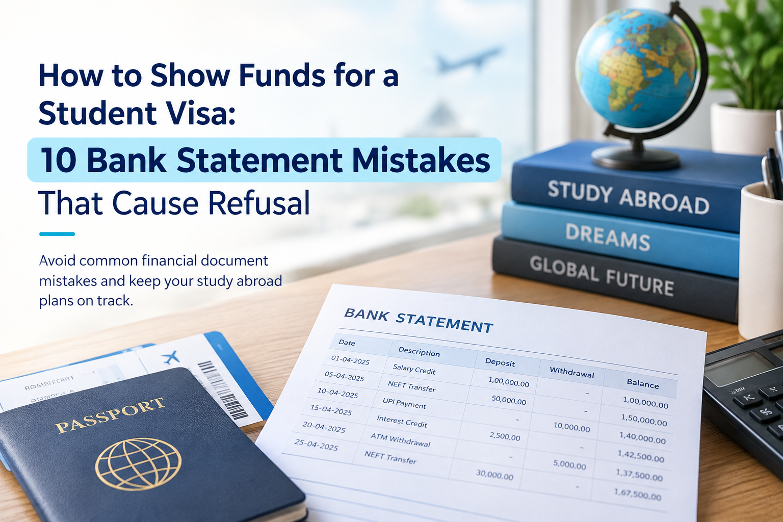 How to show funds for a student visa: 10 student visa bank statement mistakes that cause refusal, shown with a passport, boarding pass and bank statement