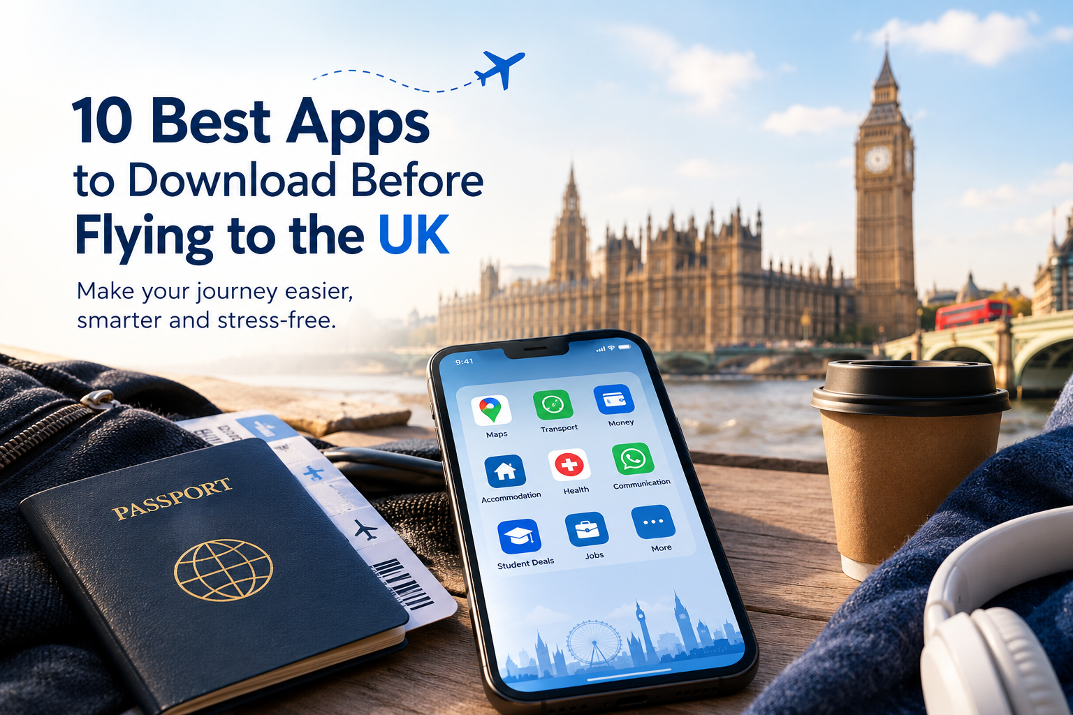 Best apps to download before flying to the UK: infographic of 10 essential apps for Kerala students including Unimate, Google Maps, Citymapper, Trainline, Wise and NHS App