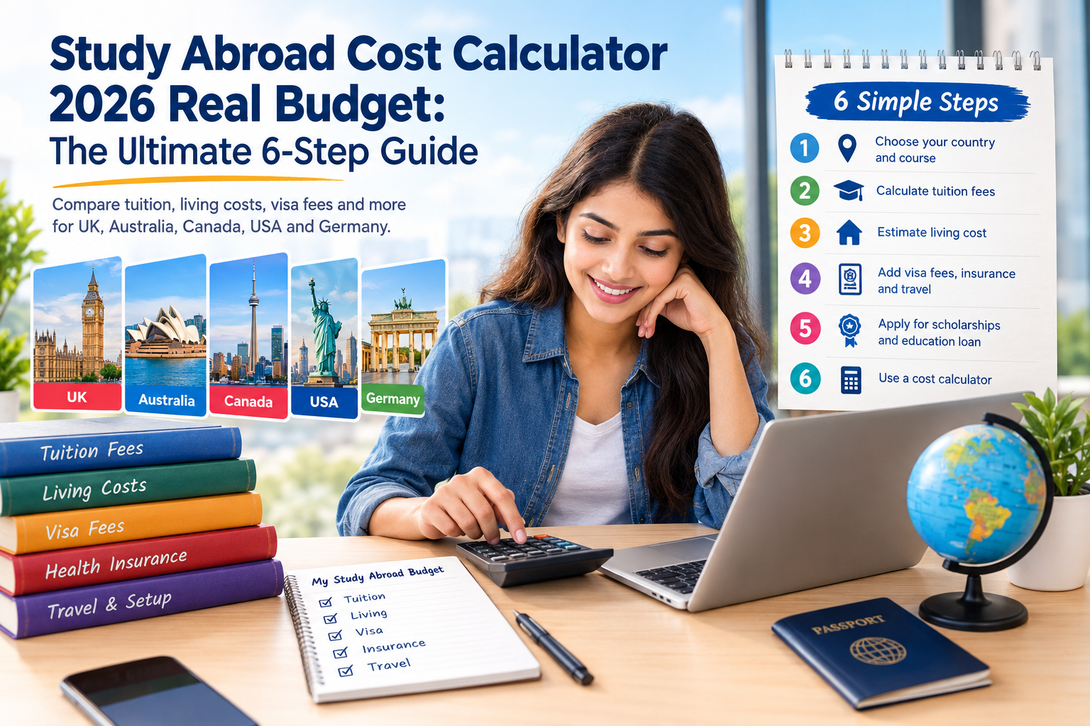 Study abroad cost calculator 2026 real budget – tuition, living cost, visa fees and insurance breakdown for UK, Australia, Canada, USA and Germany